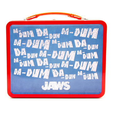 Tin lunch box with 'Jaws' text design on a blue background